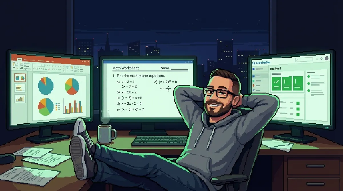 Pixel art scene of a parent at a kitchen table late at night, looking relieved while holding math homework, with a glowing laptop beside scattered papers and coffee