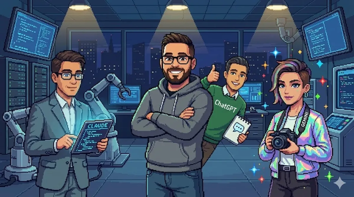 Pixel art of author with Claude, ChatGPT, and Gemini personified